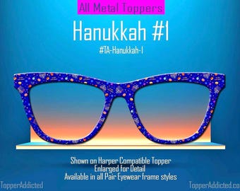 Hanukkah Topper Pair Eyewear Compatible • Metal Magnetic Menorah Dreidel Pattern • Jewish Holiday Judaica Top Frames