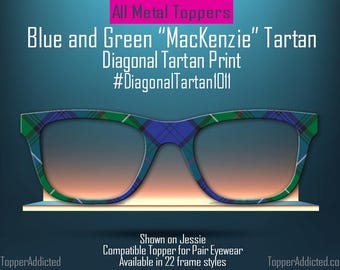 Blue & Green "MacKenzie" Diagonal Tartan – Metal Magnetic Topper for Pair Eyewear | Bold Diagonal Plaid printed glasses topper | Get It Fast