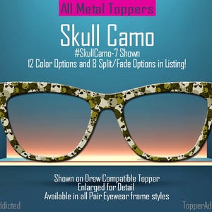May include: Eyeglass frames with a skull camouflage pattern. The frames are white with a pattern of small skulls in shades of green, brown, and tan. The image includes the text "Skull Camo" and "#SkullCamo-7 Shown".