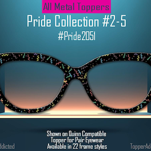 May include: Black eyeglass frames with a confetti pattern from the Pride Collection. The image includes the text "Pride Collection #2-5" and "#Pride2051". The frames are shown on a Quinn Compatible Topper for Pair Eyewear, available in 22 frame styles.