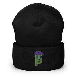 May include: Black beanie with a green and purple pixelated character wearing a purple hat embroidered on the front.