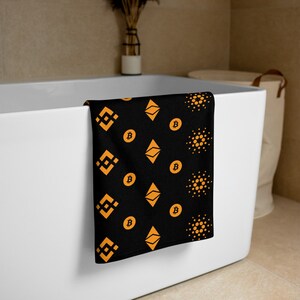 Bitcoin Bath Towel, Crypto Print, Ethereum, Cardano, Bitcoin, Binance Investor & Trader Towel