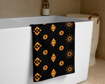 Bitcoin Bath Towel, Crypto Print, Ethereum, Cardano, Bitcoin, Binance Investor & Trader Towel