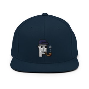 May include: A navy blue baseball cap with a white pixelated character wearing a blue hat and smoking a pipe embroidered on the front.
