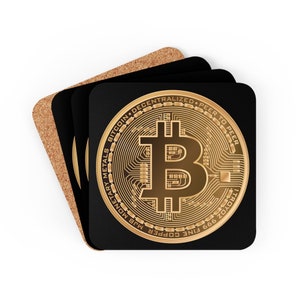 May include: Set of four black coasters with a gold bitcoin design. The coasters feature the text "Fine Copper 999 TROY OZ", "Monetary Metals Bitcoin Decentralized Peer to Peer".