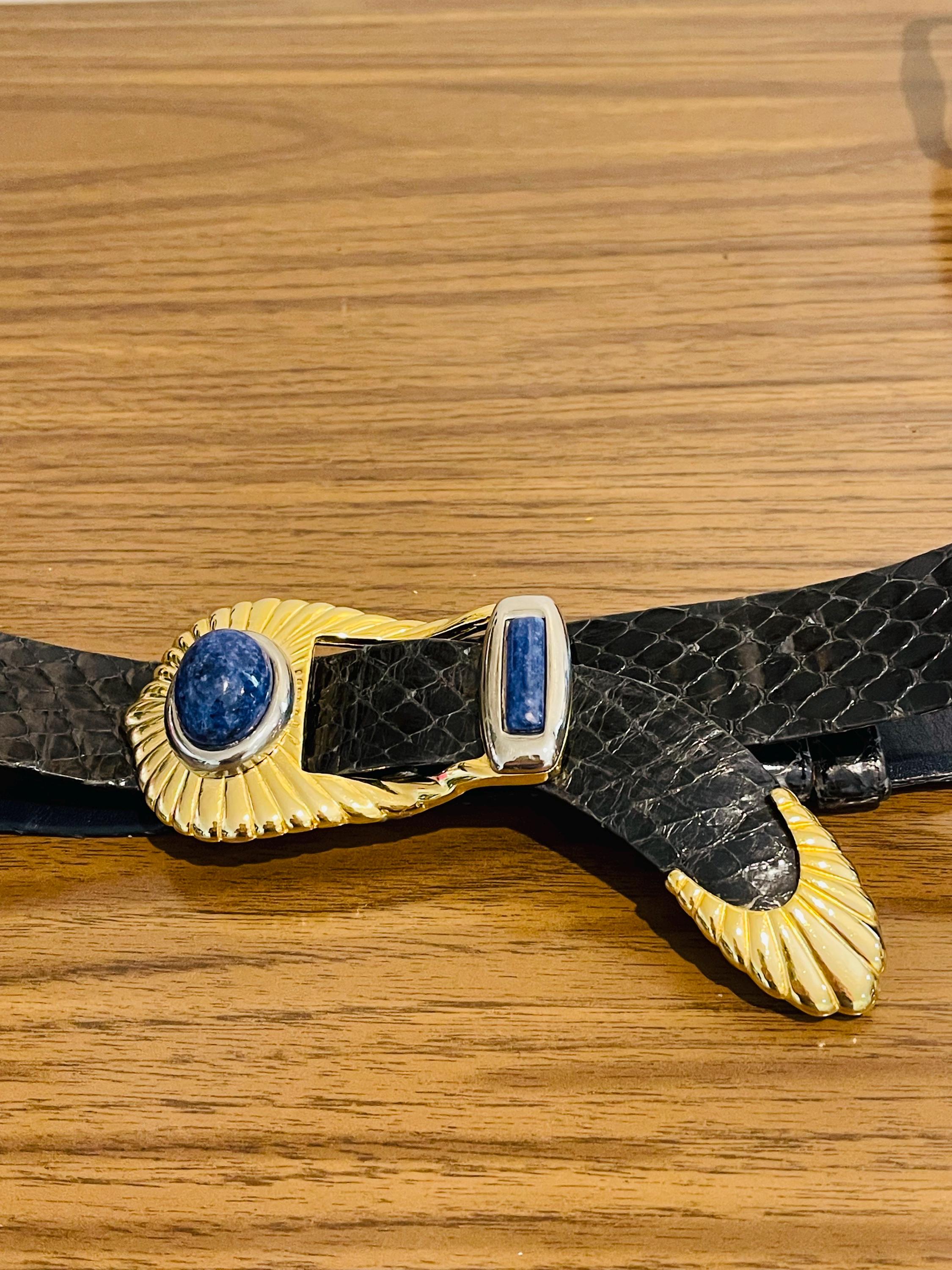 Judith Leiber black snakeskin adjustable belt onyx belt one size gold 1980s Judith Leiber Beige and Gold Belt with Semi Precious  main image 2