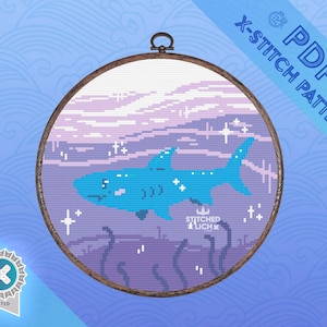 Sparkle Shark Cross Stitch PATTERN | Animal, Sea, Marine, Ocean, Colourful, Circular, PDF Download, Purple Counted Cross Stitch Chart