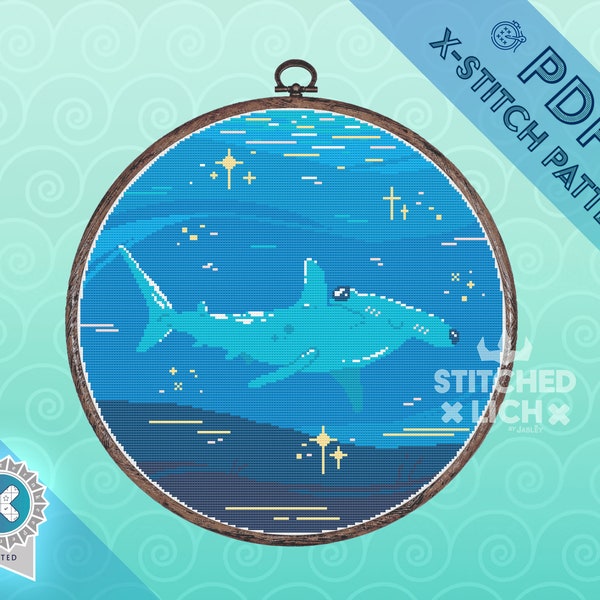 Hammerhead Shark Cross Stitch PATTERN | Animal, Sea Creature, Marine, Ocean, Colourful, Circular, PDF Download, Blue Counted Cross Stitch