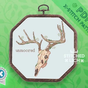 Overgrown Deer Skull Cross Stitch PATTERN | Animal, Buck, Witchy, Horror, Cottagecore, PDF Download, Goth Counted Cross Stitch