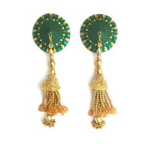 WILLOW Green and Gold Nipple Pasties, Covers w/ Hand Beaded Gem and Rhinestone accent Tassels (2pcs) Burlesque Lingerie Raves and Festivals