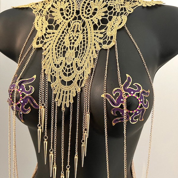 GOLDEN GODDESS Gold Lace & Gold Body Chains / Body Jewelry for Lingerie Rave Burlesque Festivals