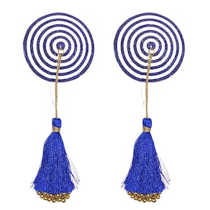 PIXIE DUST Blue & White Nipple Pasty, Nipple Cover (2pcs) with Blue Tassels w/ Gold Beads for Lingerie Carnival Burlesque Rave