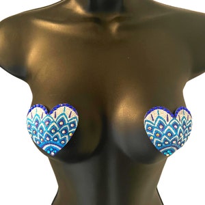 JOSEPHINE Blues and White  Mosaic Glitter Heart and Gem Nipple Pasty, Covers (2pcs) for Burlesque Lingerie Raves and Festivals