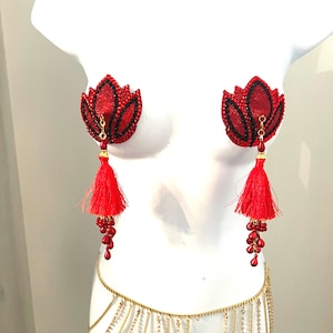 LOLITAS LUST Red and Gold Lotus Design Glitter & Gem, Nipple Cover (2pcs) Pasties w/ Removable Tassels for Lingerie Carnival Burlesque Rave