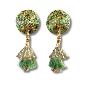 MOJITO Green and Gold Circle Glitter Nipple Pasties, Pasty (2pcs) with Removable Beaded Tassels 2pcs  Burlesque Lingerie Raves and Festivals
