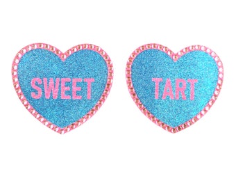 Sweet Tart Glitter & Crystal Heart Shaped Nipple Pasties, Pasty (2pcs)  for Burlesque Raves Lingerie Carnival