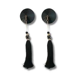 REBEL YELL Black Vegan Leather  Nipple Pasty, Nipple Cover (2pcs) with Long  Removable Tassels