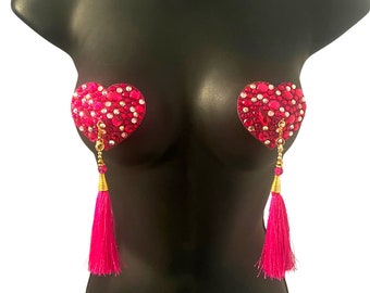 ROXY HEART Rotes und rosafarbenes Herz, Edelstein-Nippelpasties, pastös (2 Stück) mit abnehmbaren Quasten (2 Stück) Burlesque-Dessous-Raves und Festivals