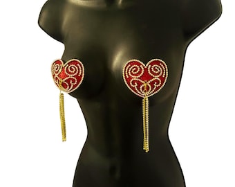 SWEET TEMPTATION Red Glitter, Crystal Nipple Pasty, Nipple Cover (2pcs) with Removable Rhinestone Tassels - 2 sizes!