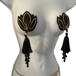 LOLITAS LUST Black and Gold Lotus Design Glitter & Gem, Nipple Cover (2pcs) Pasties w/Removable Tassels for Lingerie Carnival Burlesque Rave