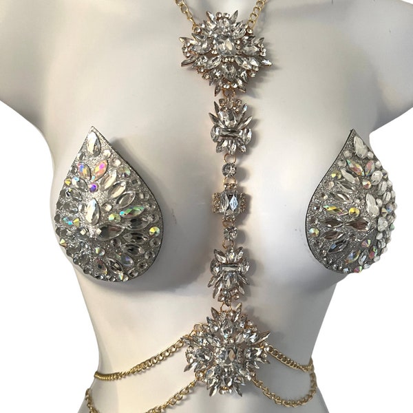 QUEEN BEE Filigrane Kristall und Gold Körperketten/Körperschmuck für Lingerie Rave Burlesque Festivals