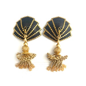 FANGIRL Black Glitter and Gold Gem Fan Shape Nipple Cover (2pcs) Pasties w/ Intricate Removable Tassels for Lingerie Carnival Burlesque Rave