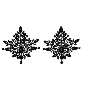 Cubrepezones con gemas negras MORTICIA (2 unidades) para festivales, carnavales, fiestas, Halloween, lencería burlesca