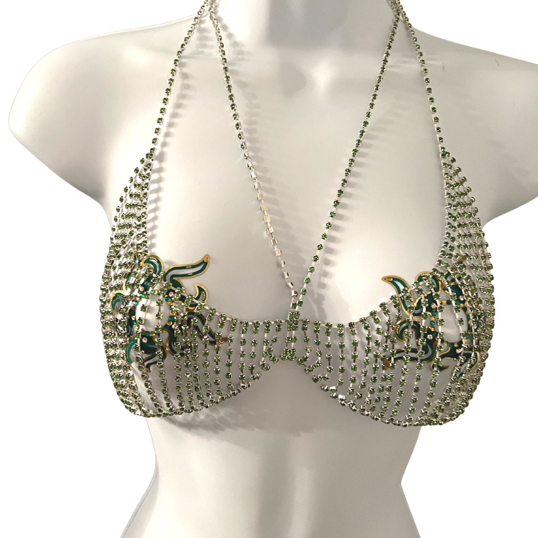 bra from strass. Bra from stones. Beautiful chest. The body of a young girl  with a big breast Stock Photo
