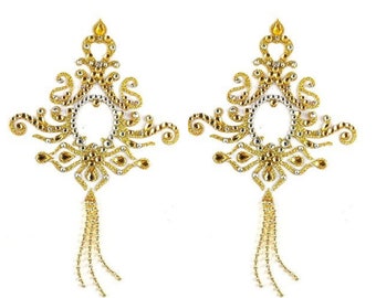 Jasmine GOLD  Rhinestone  & Crystal Intricate Nipple Pasties, Covers  (2pcs) for Burlesque Raves Lingerie and Festivals