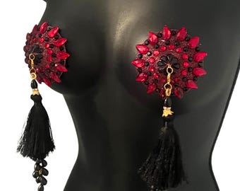 Pâte à tétons POUSSÉ CAFÉ en cristal rouge cerise et noir, couvre-tétons (2 pièces) avec pampilles en perles