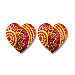 LOLA Pink & Yellow Mosaic Glitter Heart and Gem Nipple Pasty, Covers (2pcs) for Burlesque Lingerie Raves and Festivals