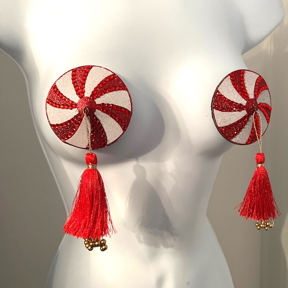 KANDI KANE Red White Holiday Candy Nipple Pasties Covers With Hand Beaded Tassels 2pcs for Burlesque Lingerie Raves and Festivals Etsy UK