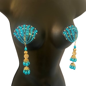 URSULA UNDRESS - Pezoneras reutilizables con gemas en color turquesa y negro, 2 unidades, con borlas