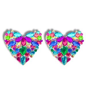 HEARTBREAKER Multicolor Gem Heart Nipple Pasties, Covers (2pcs) for Burlesque Raves Lingerie and Festivals