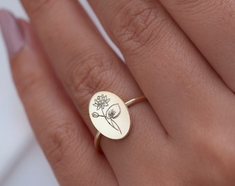 Birth Month Flower Bouquet Ring-Dainty Birth Flower Ring-Floral Signet Ring-Personalized Birth Flower Ring-Statement Oval Ring-Gift For Moms