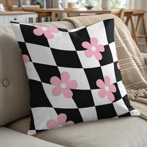 Pink Flower Pillow, Checkered Pillow, Aesthetic Room Decor, Groovy Pillow, Black and White Pillow, Cute Throw Pillow, Trendy Pillow Decor