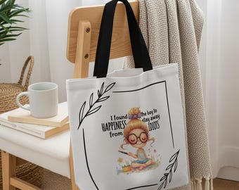 Sarcastic Happiness Quote Tote Bag, Cute Introvert Gift, Funny Stay Away From Idiots Canvas Shopper
