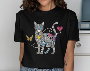 Detailed Mandala Cat Graphic T-Shirt, Artistic Zentangle Blue Eyed Kitty Tee, Boho Pet Lover Gift for Her, Whimsical Butterfly Design Shirt