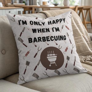 Barbecue Pillow, BBQ Grill Pillow, Happy Barbecuing Pillow and Pillow Case, Food Lover Gift, Kitchen Decor, Grilling Tools Cushion