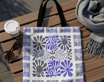 Abstract Floral Tote Bag, Modern Art Print, Blue Gray Pattern, Everyday Carryall, Stylish Reusable Bag, Designer Gift Tote