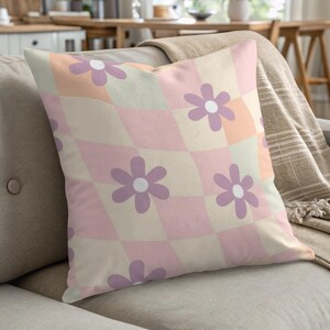 Groovy Floral Pillow, 70s Inspired Home Decor, Retro Flower Power Throw Pillow, Pastel Checkered Pillow, Y2K Room Aesthetic, Funky Pillow
