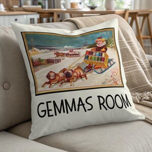 Vintage Pug Dog Sleigh Pillow: Winter Scene Throw Cushion