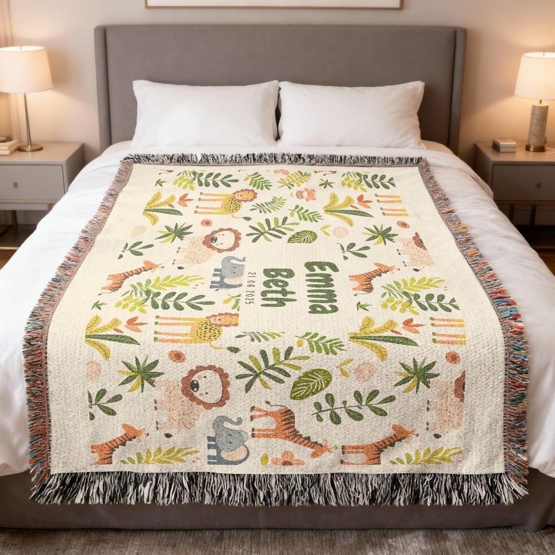 Personalized Safari Baby Blanket, Jungle Animals Nursery Decor, Lion ...