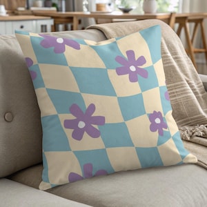 Retro Flower Pillow, Groovy Checkered Pillow, Lavender Floral Pillow, 70s Decor Pillow, Vintage Aesthetic Pillow, Y2K Pillow, Aesthetic Room