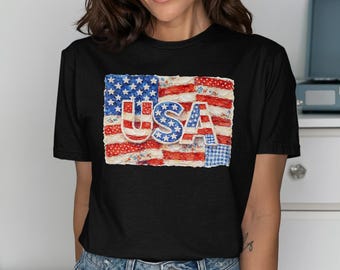 USA Patriotic Flag Impasto T-Shirt | Unique Red White Blue American Flag Art Tee | Folk Americana Style Top | 4th of July Celebration