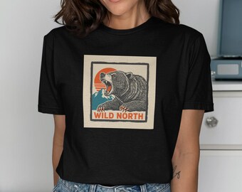Wild North Bear T-Shirt, Vintage Roaring Grizzly Graphic Tee, Mountain Sunset Camping Hiking Nature Lover Adventure Outdoor Wilderness Shirt