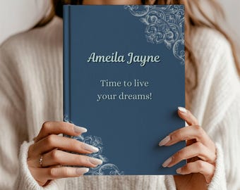Personalized Elegant Blue Journal, Ornate Scrollwork Custom Notebook for Dreamers & Writers, 'Ameila Jayne' Motivational Diary Gift