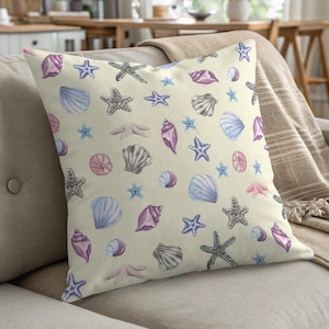 Watercolor Seashell Starfish Pillow, Coastal Beach House Decor, Nautical Throw Pillow, Ocean Lover Gift, Sea Life Accent Pillows