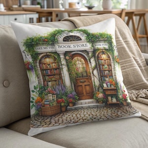 Whimsical Bookstore Pillow, Cozy Book Lover Gift, Cottagecore Bookshop Decor, Unique Reading Nook Pillow, Gift for Bookworms, Cozy Home
