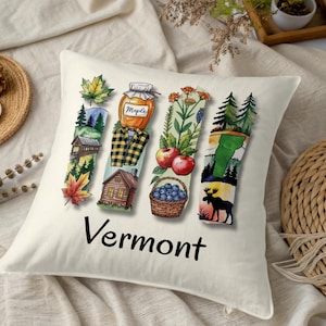 Vermont Illustration Kissen, Zustand Souvenir, Ahornsirup, Cabin Art, Elch Dekor, Cabin Decor, Housewarming Geschenk, Reise-Liebhaber Kissen